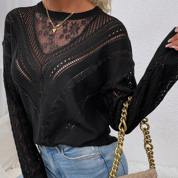 Cozy Floral Lace Mesh Knit Oversized Sweater Top - Picture 14 of 14